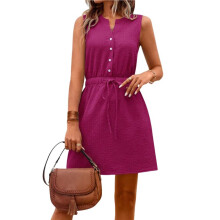 Vestido Curto Feminino de Verão com Amarração Na Cintura, Fechamento Por Botões, Sem Mangas e Modelagem Evasê com Cordão. Rosa Vermelha M