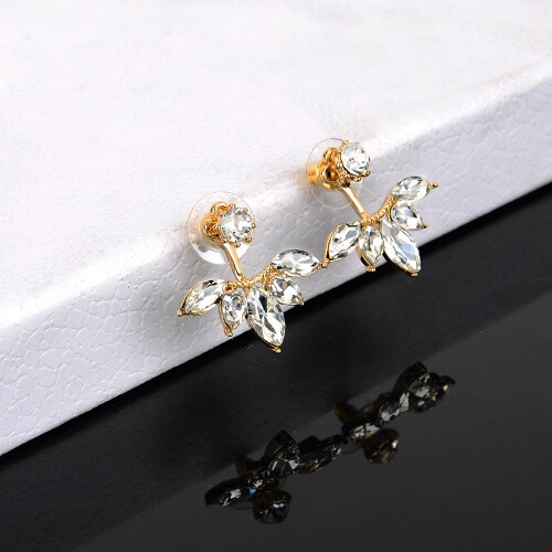 (Gold) Rose Gold Leaf Earrings - Crystal Studs