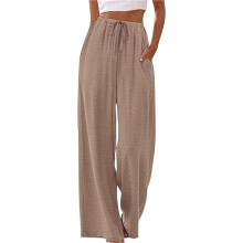 Sommer-Palazzo-Hose Aus Leinen für Damen, Fließende Strandhose mit Weitem Bein und Taschen Khaki M
