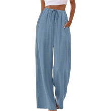 Sommer-Palazzo-Hose Aus Leinen für Damen, Fließende Strandhose mit Weitem Bein und Taschen Aquablau M