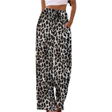 Sommer-Palazzo-Hose Aus Leinen für Damen, Fließende Strandhose mit Weitem Bein und Taschen Leopardenmuster S