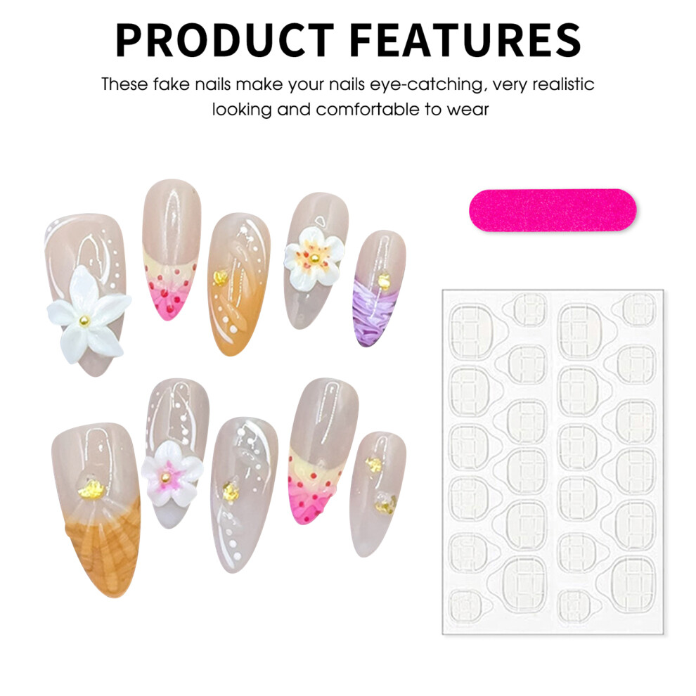Hue-Grain (Xs) 10Pcs Flower Decor Fake Nails, Chip-Proof & Glossy