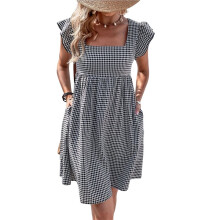 Retro-Kleid für Damen mit Karomuster, Eckigem Ausschnitt, Spaghettiträgern, Volant, Teelänge und Taschen Blau und Weiß XL