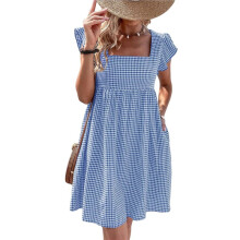 Retro-Kleid für Damen mit Karomuster, Eckigem Ausschnitt, Spaghettiträgern, Volant, Teelänge und Taschen Blau und Weiß L