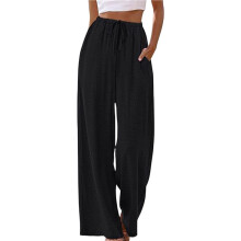 Sommer-Palazzo-Hose Aus Leinen für Damen, Fließende Strandhose mit Weitem Bein und Taschen Schwarz M