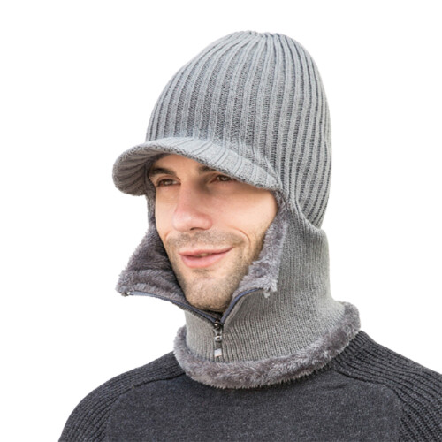 (Grey Single Hat) Winter Knit Hat with Zipper - Warm Unisex Cap