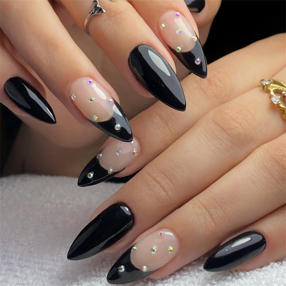 Dachuang Beauty 24Pcs Black Almond Fake Nails With Rhinestones
