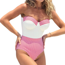 Maiô Feminino Retrô Listrado com Saia e Alças Ajustáveis Rosa XL