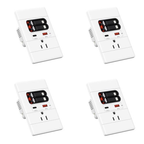 4X Tomada de Parede USB-C com GaN PD20W, USB-C e USB-A, e USB-C Retrátil para Cabos de Interface para , Resistente A Adulteração, 15A 125V