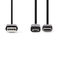 2 i 1 kabel | USB 2.0 | USB-A Han | USB Micro-B han / USB-C Han | 480 Mbps | 1.00 m | Nikkelplateret | Runde | PVC | Sort | Label