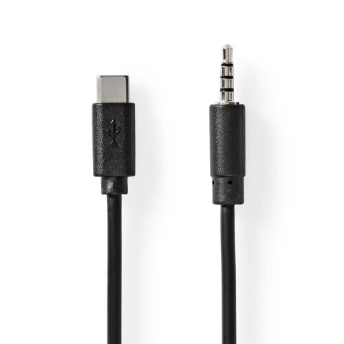 USB-C Adapter | USB 2.0 | USB-C Han | 3.5 mm Hanstik | 1.00 m | Runde | Nikkelplateret | Sort | Label 1