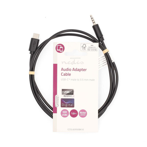 USB-C Adapter | USB 2.0 | USB-C Han | 3.5 mm Hanstik | 1.00 m | Runde | Nikkelplateret | Sort | Label 2