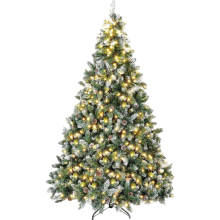 Artificial Christmas Tree with LED Lighting Snowy Dense Pine Cones Green 210 cm — prelit xmas tree, flocked pine tree