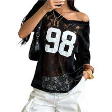 Camisa Feminina Oversized com Estampa Gráfica de Números Y2K, Decote em V, Manga Curta, Estilo Verão. Preto e Branco L