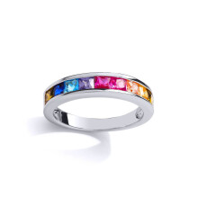(R) Jewelco London Unisex Sterling Silver Multi Colour Princess Cut Cubic Zirconia Rainbow Half Eternity Ring - GVR857