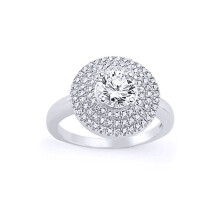 (Q) Jewelco London Ladies Sterling Silver Cubic Zirconia Double Halo Solitaire Engagement Ring - GVR575