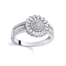 (N) Jewelco London Rhodium Plated Sterling Silver Baguette CZ Sunburst Diagonal Halo Domed Cluster Engagement Ring - GSR1112
