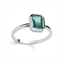 (M) Jewelco London Rhodium Plated Silver Green Emerald CZ Octagonal Bezel Halo Solitaire Hidden Side Stones Engagement Ring - GSR1067
