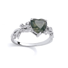 (P) Jewelco London Rhodium Plated Silver Grey Heart Moss Agate & CZ Spooky Foggy Forest Leaves Laurel Solitaire Ring - GSR1084