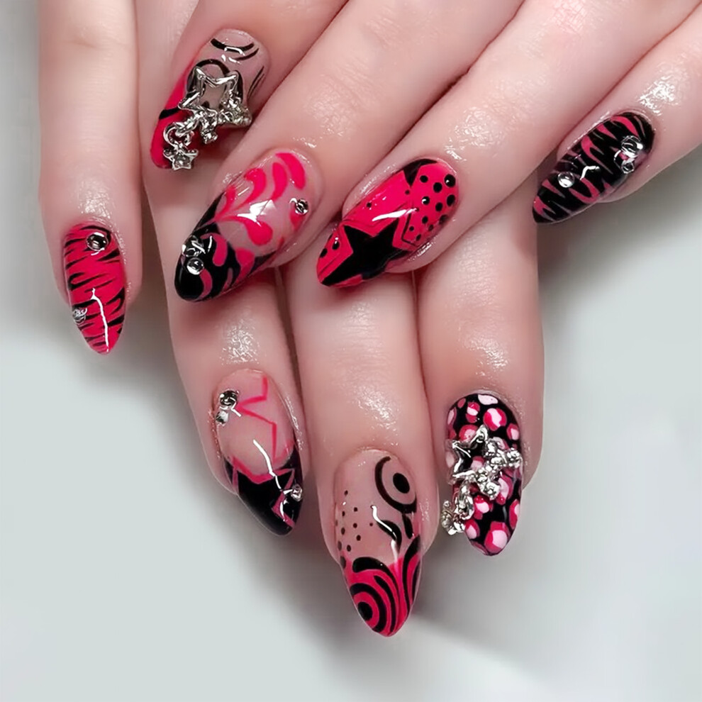 Bright-Home 24Pcs Cool Style Fake Nails With Graffiti Print Chip-Proof Smudge-Proof Fake Nails For Shopping Traveling Dating
