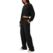 Completo da Donna Composto da 2 Pezzi: Tuta, Felpa Corta con Nodo Sul Davanti, Pantaloni Larghi Della Tuta e Set da Salotto Nero L