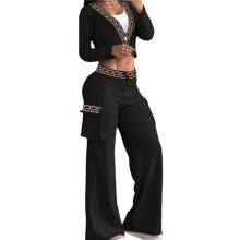 2-Teiliges Freizeit-Outfit für Damen, Kurze Blazerjacken, Hoch Taillierte Arbeitshosen mit Weitem Bein Schwarz M