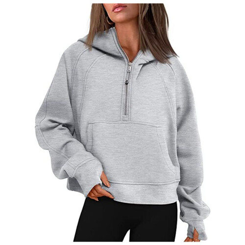 Felpe con Cappuccio da Donna, Mezza Zip, Maniche Lunghe, Corte, Pullover, Tasche e Foro per il Pollice Grigio M 1