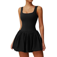 Womens Bubble Tennis Dress Squre Neck Sleeveless Workout Athletic Dresses Build in Shorts with Pockets Black M