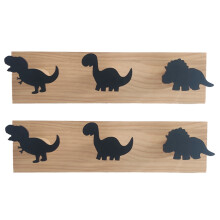 2X Kids Dinosaur Wall Mounted Coat Hooks Wooden Door Hanger for Boys Bedroom Nursery Playroom Decorations -Black