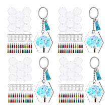 288Pcs Acrylic Transparent Discs Hexagon Keychain Blanks Charms and Tassel Pendants Keyring with Chain for DIY Crafts