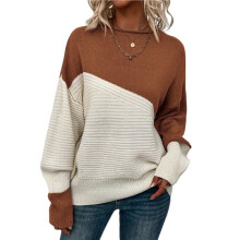 Maglione Casual da Donna A Blocchi di Colore, Girocollo, Manica Lunga, Lavorato A Maglia A Coste Colore Caramello M