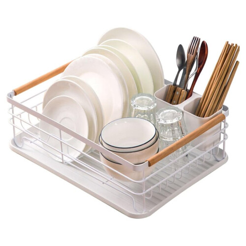 Dish Drying Rack with Wooden Handle,Multifunctional Kitchen Tabletop Drainer - Rust, Space Saving Organizer