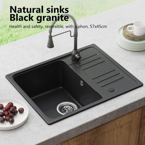 Granite Quartz Single Bowl Kitchen Sink 57x45cm with Waste Strainer Kit 2
