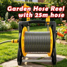 Garden Hose Reel 25M, Compact &amp; Portable Hose Pipe Reel with 7 Adjustable Spray Gun Nozzles, Manual Retractable Garden Water Hose Reel, for Garden