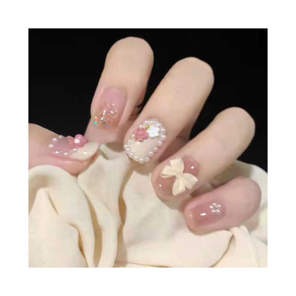 Dcph-Clothing 24Pcs White Bowknot Nail Patches, Removable Short Style