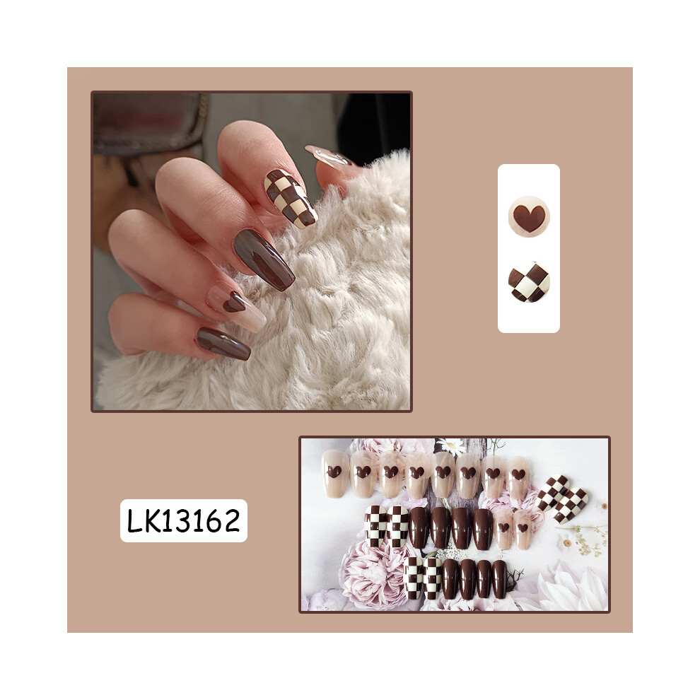 Dcph-Clothing (Jelly Glue Model) 24Pcs Brown Checkerboard Press-On Nails For Manicure