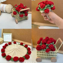 Rose Bouquet Coaster Crochet Flower Placemat Hand Woven Bouquet Cupmat Home Desktop Potted Plant Ornaments with Basket C
