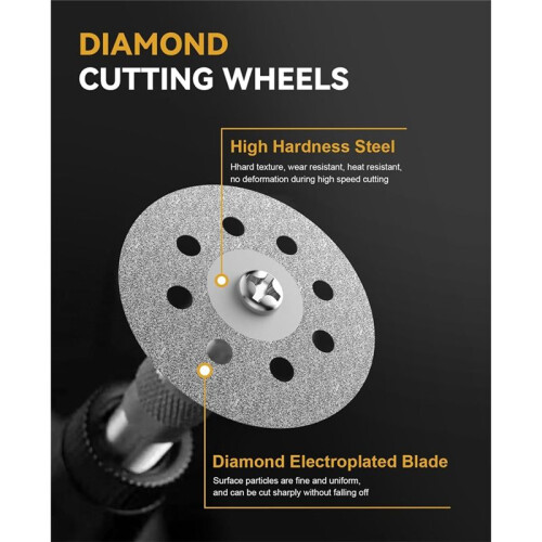32Pcs Diamond Cutting Wheels and Grinding Bits Set 10Pcs Cutting Discs(22mm),3mm Mandrel,20Pcs Drill Bits 2