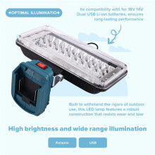 Work Light 7 Inch Cordless LED Lamp Flashlight for  18V 14V Dual USB Li-Ion Battery Camping Architectural Lights