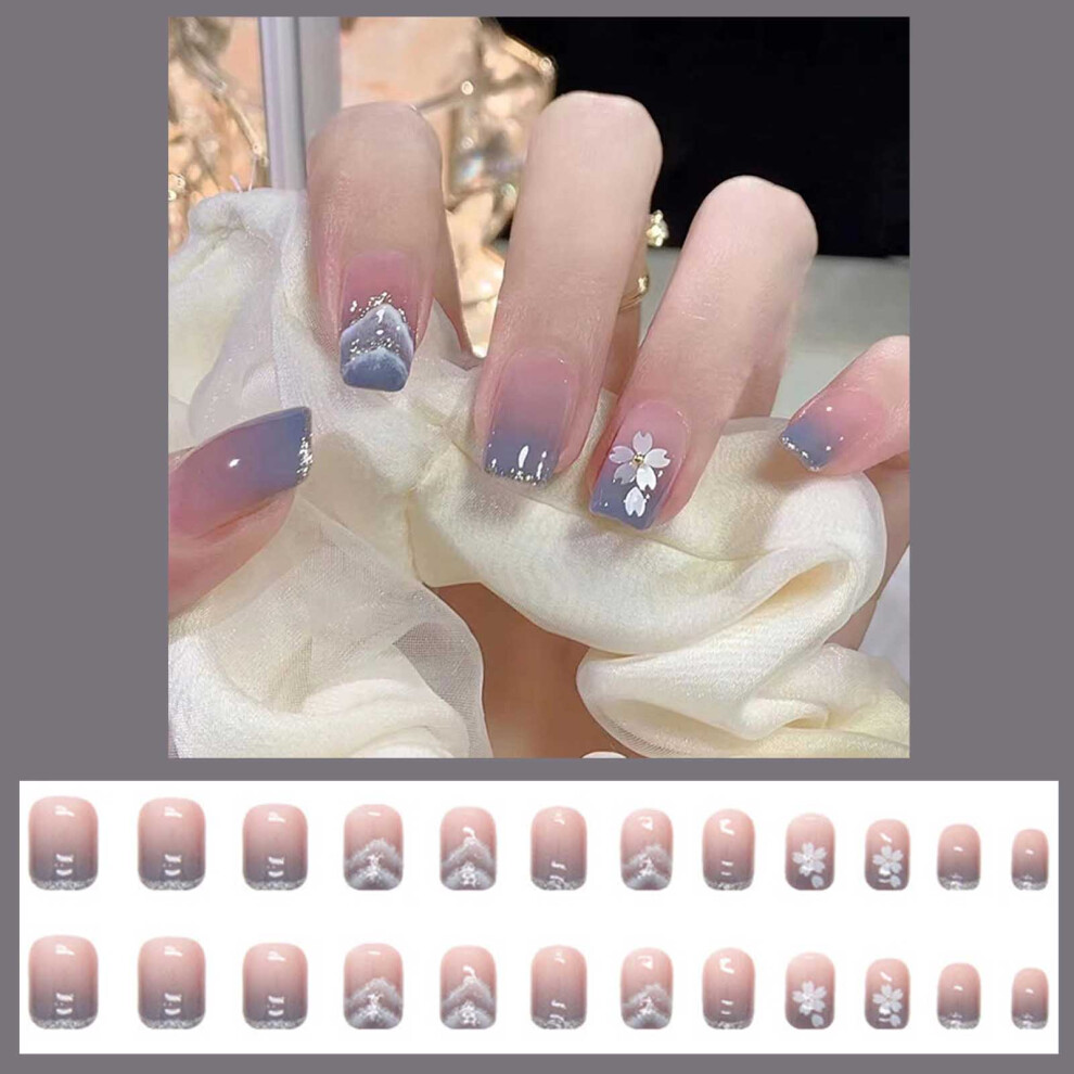 Hue-Grain Blue & Grey Gradient French False Nails