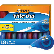 BIC Wite-Out EZ Correct Correction Tape, Tear-Resistant and No Dry Time, 18-Count Pack in White
