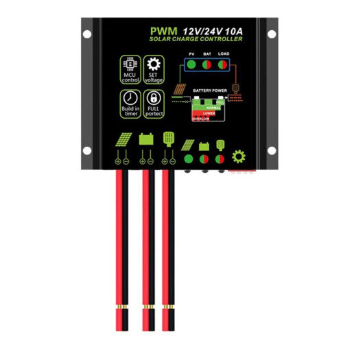 Controlador de Carga Solar Impermeable 10A, Controlador de Panel Solar 12V/24V PWM