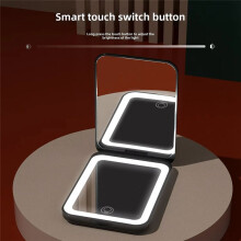Compact Vanity Folding Cosmetic Mirror with Lights Hand Held Small Pocket Travel Makeup Mirror 2X Magnifying Black