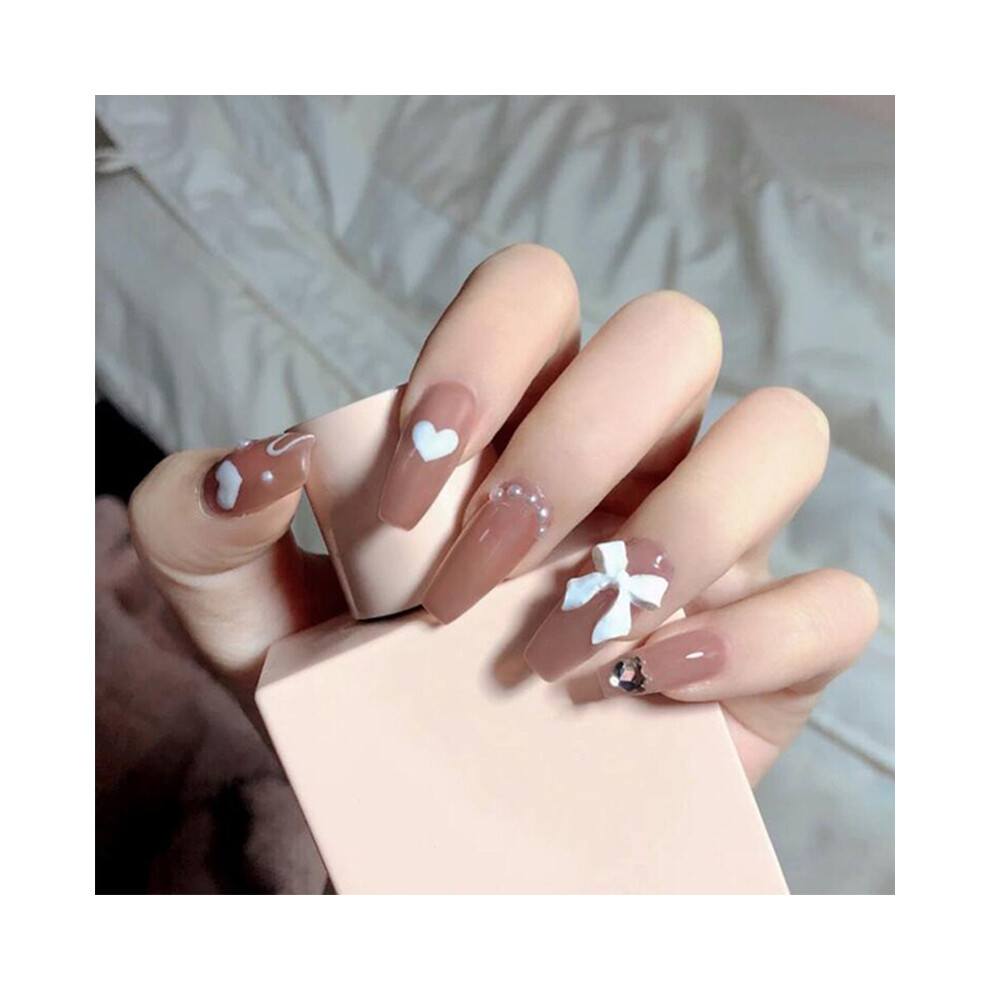 Zhouq-Outdoors 24Pcs White Bow Heart Fake Nails For Girls