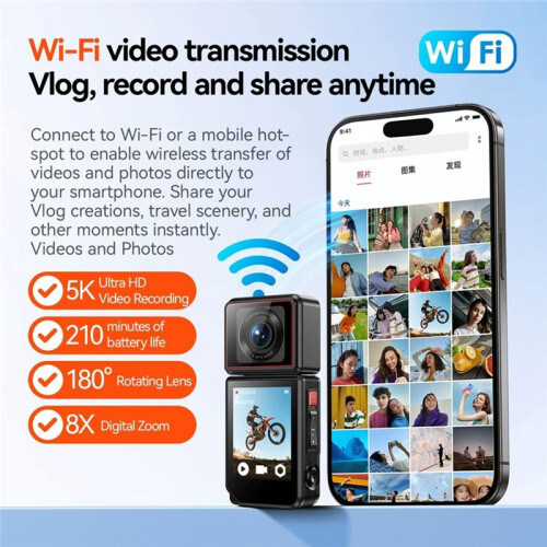 Câmera Esportiva Panorâmica 5K com Tela Sensível Ao Toque de 2 Polegadas, Webcam para Vlogs, Câmera Esportiva Wi-Fi com Gravador de Vídeo 2