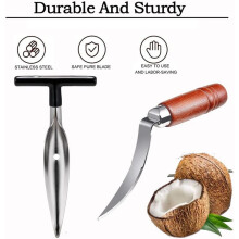 Coconut Opener Tool,Stainless Steel Coconut Puncher & Meat Scraper Knife with Non-Slip Wooden Handle for Fresh Coconuts