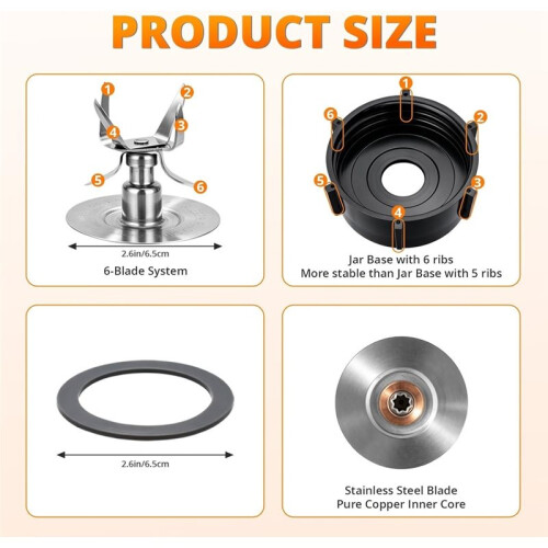 Replacement Parts Kit for  Blender - 6-Blade Ice Crusher Blade with Jar Base Cap, Coupling Stud Slinger Pin 2