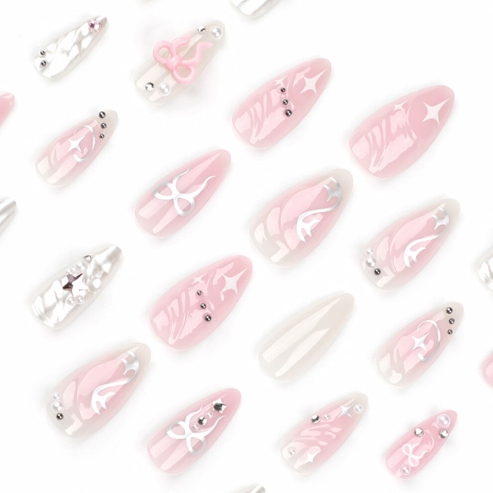 Dachuang Beauty Pink Almond Bowknot Fake Nails, Reusable