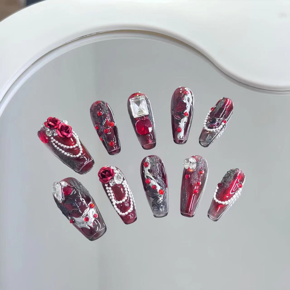 Penghui-Toys (Xs) 10Pcs Woman Coffin False Nail Rose Decor Full Cover Removable Artificial Nail For Hand Decoration Nail Art