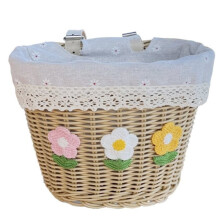 Kids Bike Basket, Handwoven with Leather Straps, Lined, Decorative Flowers, Removable, Fits Most Bicycles